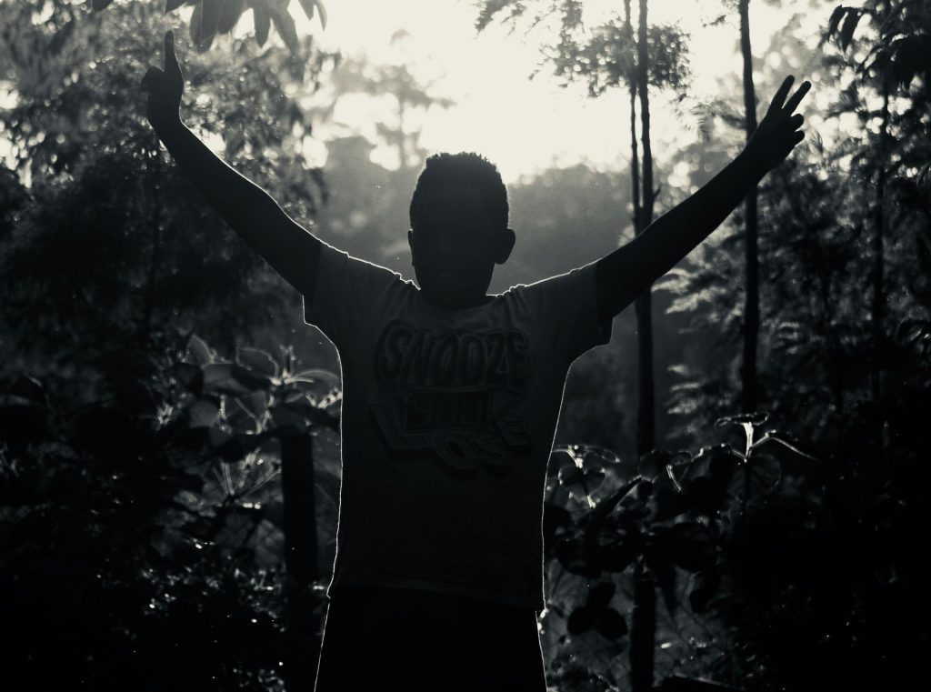 Silhouetted boy posing with outstretched arms in a misty forest setting.